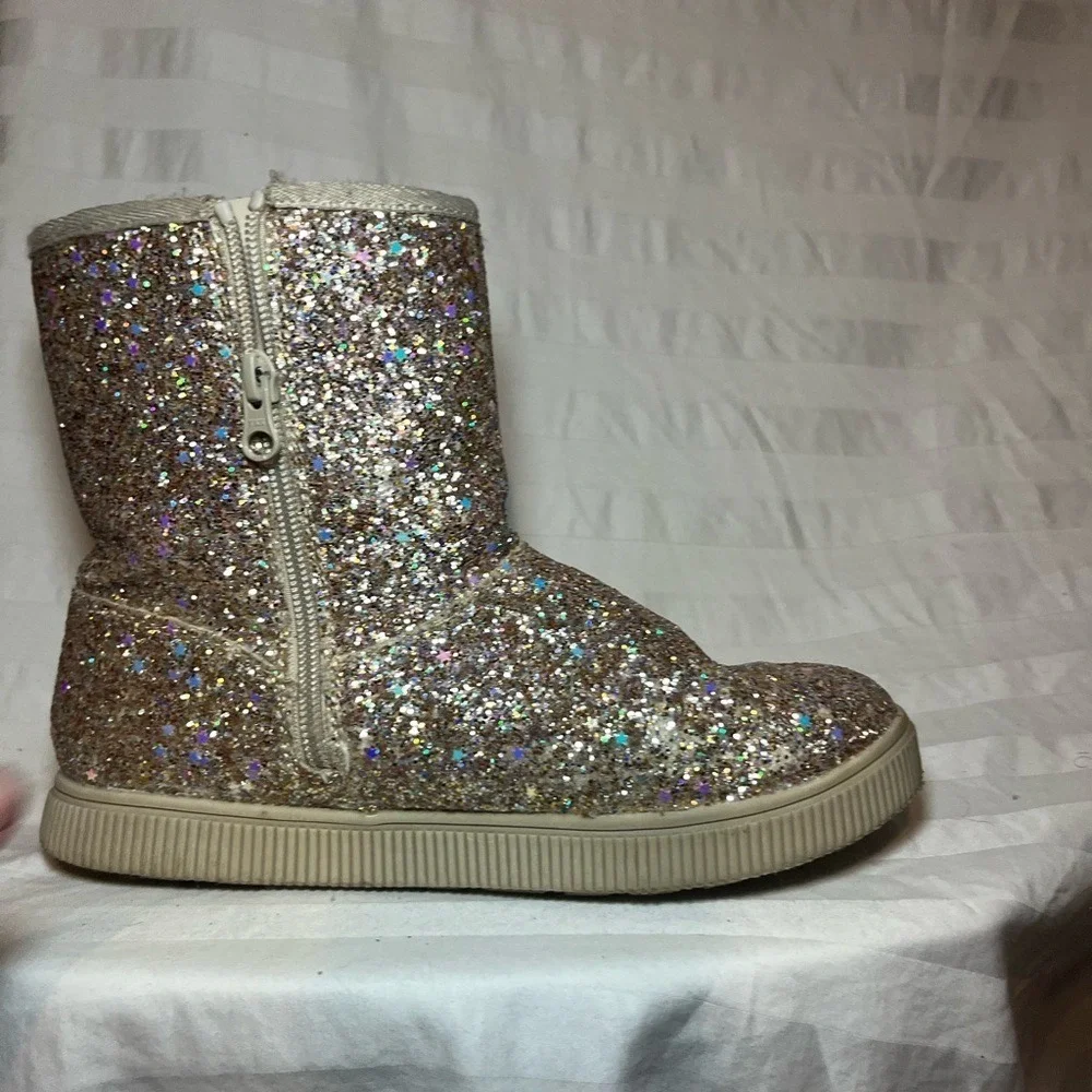 Cat & Jack Kids Champagne Gold Star Glitter Side Zip Faux Fur Lined Boots Size 3